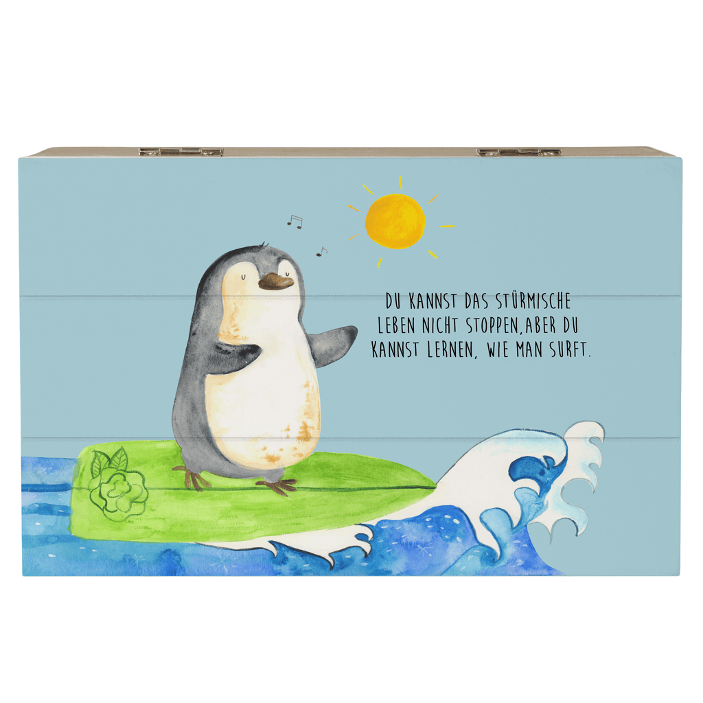 Holzkiste Pinguin Surfer Holzkiste, Kiste, Schatzkiste, Truhe, Schatulle, XXL, Erinnerungsbox, Erinnerungskiste, Dekokiste, Aufbewahrungsbox, Geschenkbox, Geschenkdose, Pinguin, Pinguine, surfen, Surfer, Hawaii, Urlaub, Wellen, Wellen reiten, Portugal