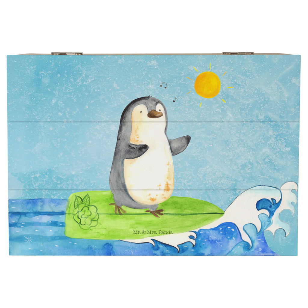 Holzkiste Pinguin Surfer Holzkiste, Kiste, Schatzkiste, Truhe, Schatulle, XXL, Erinnerungsbox, Erinnerungskiste, Dekokiste, Aufbewahrungsbox, Geschenkbox, Geschenkdose, Pinguin, Pinguine, surfen, Surfer, Hawaii, Urlaub, Wellen, Wellen reiten, Portugal