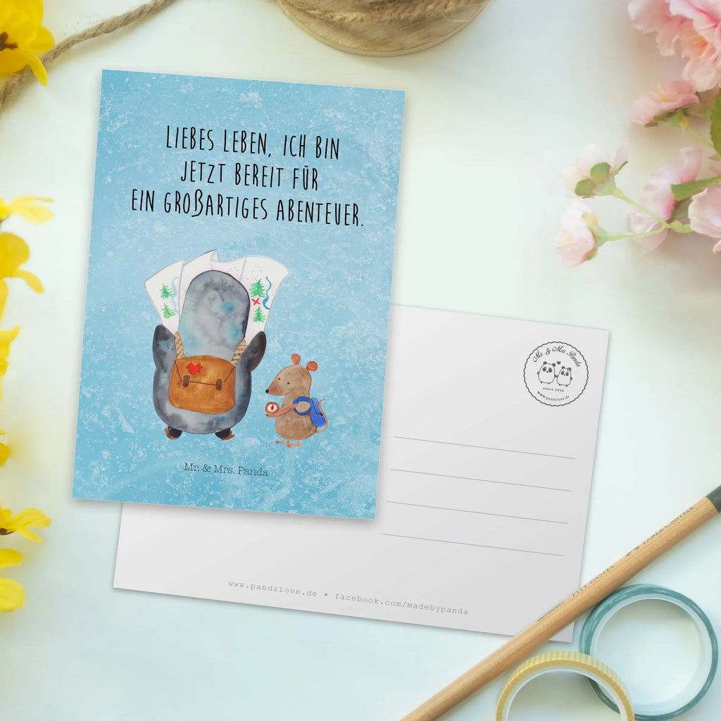 Postkarte Pinguin & Maus Wanderer Postkarte, Karte, Geschenkkarte, Grußkarte, Einladung, Ansichtskarte, Geburtstagskarte, Einladungskarte, Dankeskarte, Ansichtskarten, Einladung Geburtstag, Einladungskarten Geburtstag, Pinguin, Pinguine, Abenteurer, Abenteuer, Roadtrip, Ausflug, Wanderlust, wandern