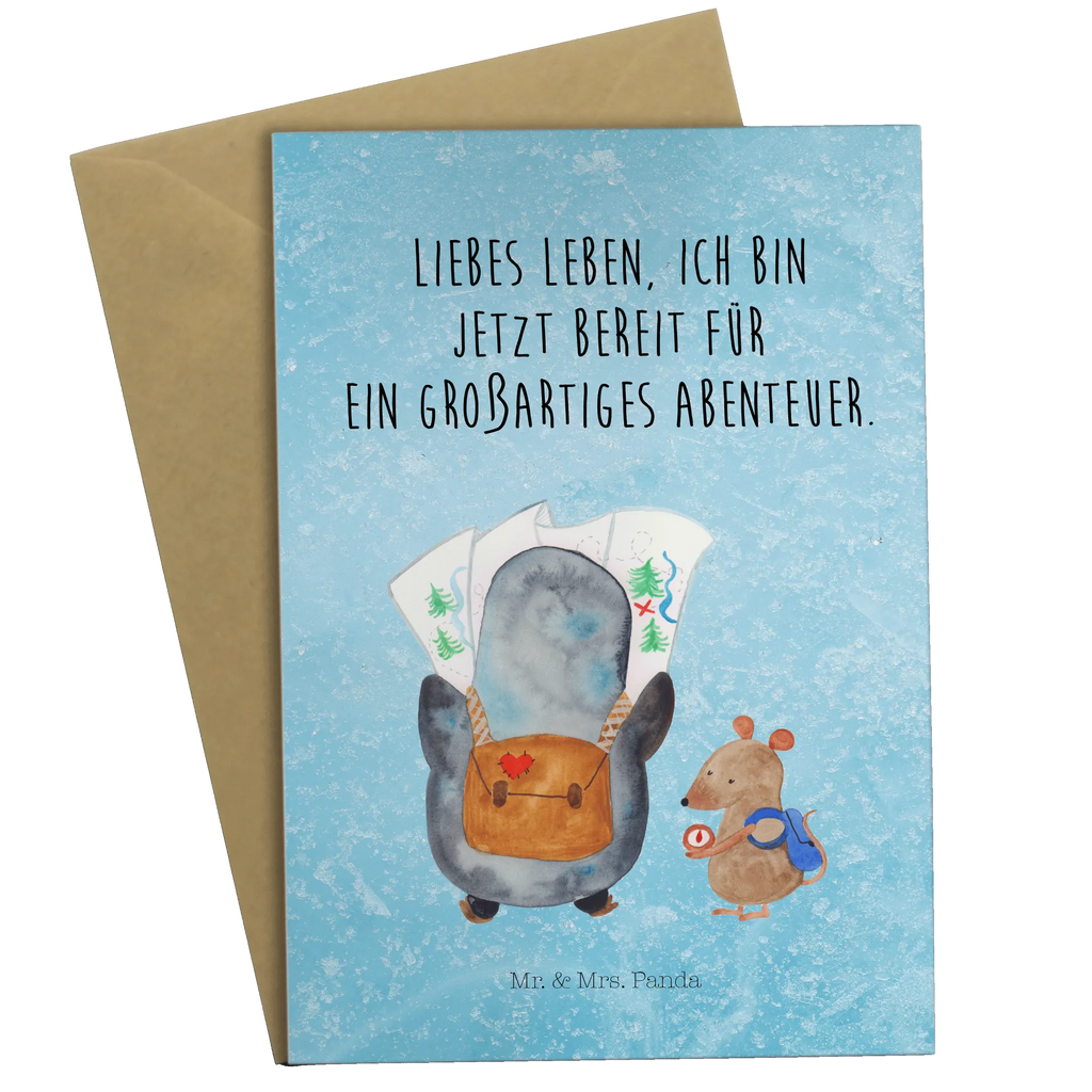 Grußkarte Pinguin & Maus Wanderer Grußkarte, Klappkarte, Einladungskarte, Glückwunschkarte, Hochzeitskarte, Geburtstagskarte, Karte, Ansichtskarten, Pinguin, Pinguine, Abenteurer, Abenteuer, Roadtrip, Ausflug, Wanderlust, wandern