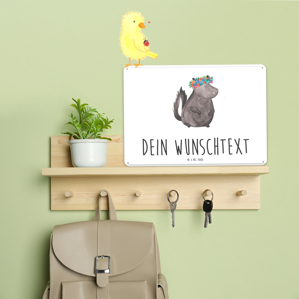 Personalisiertes Blechschild Stinktier Blumenmaedchen Blechschild, Metallschild, Geschenk Schild, Schild, Magnet-Metall-Schild, Deko Schild, Wandschild, Wand-Dekoration, Türschild, Stinktier, Skunk, Wildtier, Raubtier, Stinker, Stinki, Yoga, Namaste, Lebe, Liebe, Lache