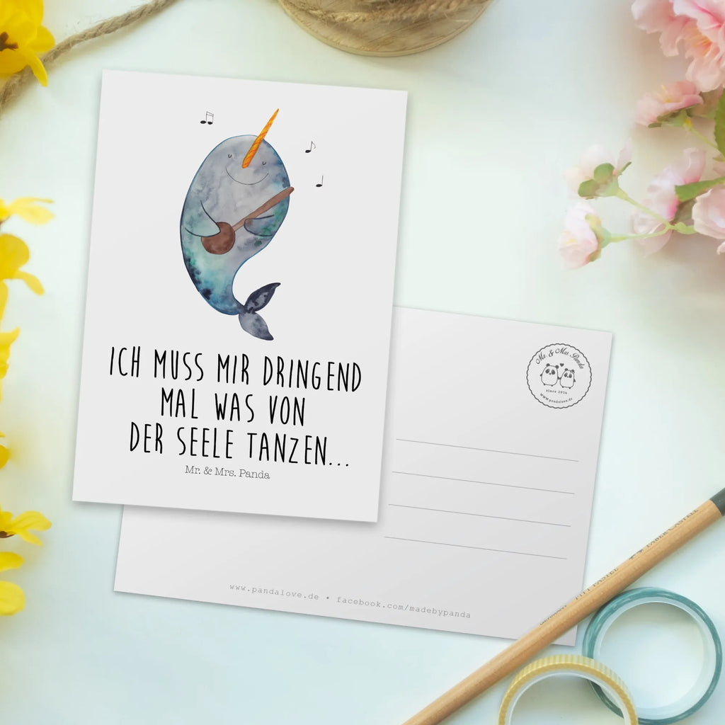 Postkarte Narwal Gitarre Postkarte, Karte, Geschenkkarte, Grußkarte, Einladung, Ansichtskarte, Geburtstagskarte, Einladungskarte, Dankeskarte, Ansichtskarten, Einladung Geburtstag, Einladungskarten Geburtstag, Meerestiere, Meer, Urlaub, Narwal, Wal, Tanzen, Probleme, Problemlösung, Frust, Gespräche, Gitarre