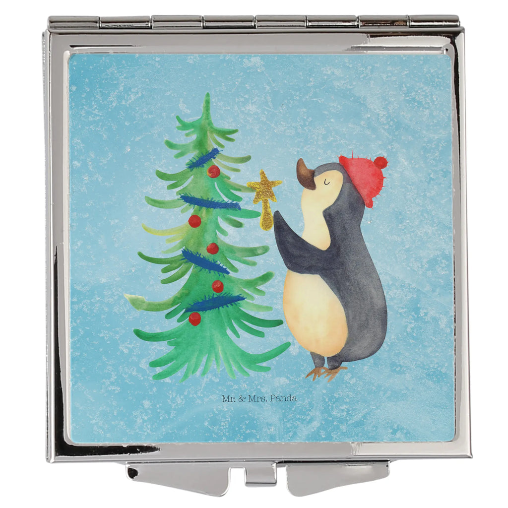 Handtaschenspiegel quadratisch Pinguin Weihnachtsbaum Spiegel, Handtasche, Quadrat, silber, schminken, Schminkspiegel, Winter, Weihnachten, Weihnachtsdeko, Nikolaus, Advent, Heiligabend, Wintermotiv, Pinguin