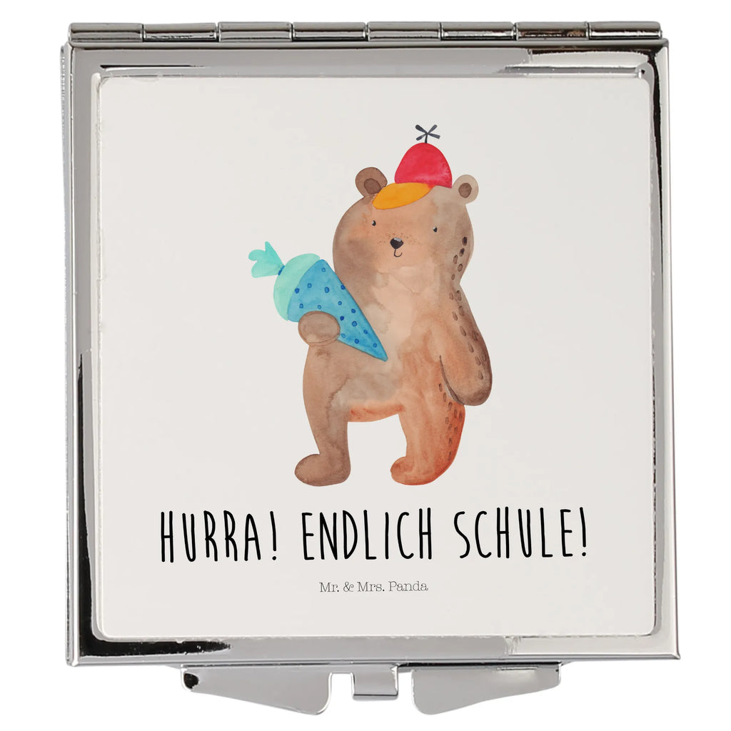 Handtaschenspiegel quadratisch Bär mit Schultüte Spiegel, Handtasche, Quadrat, silber, schminken, Schminkspiegel, Bär, Teddy, Teddybär, Bär Motiv, Schultüte, Erster Schultag Geschenk, Einschulung Geschenk, Schule Geschenk, Grundschule, Schulanfang, Schulbeginn