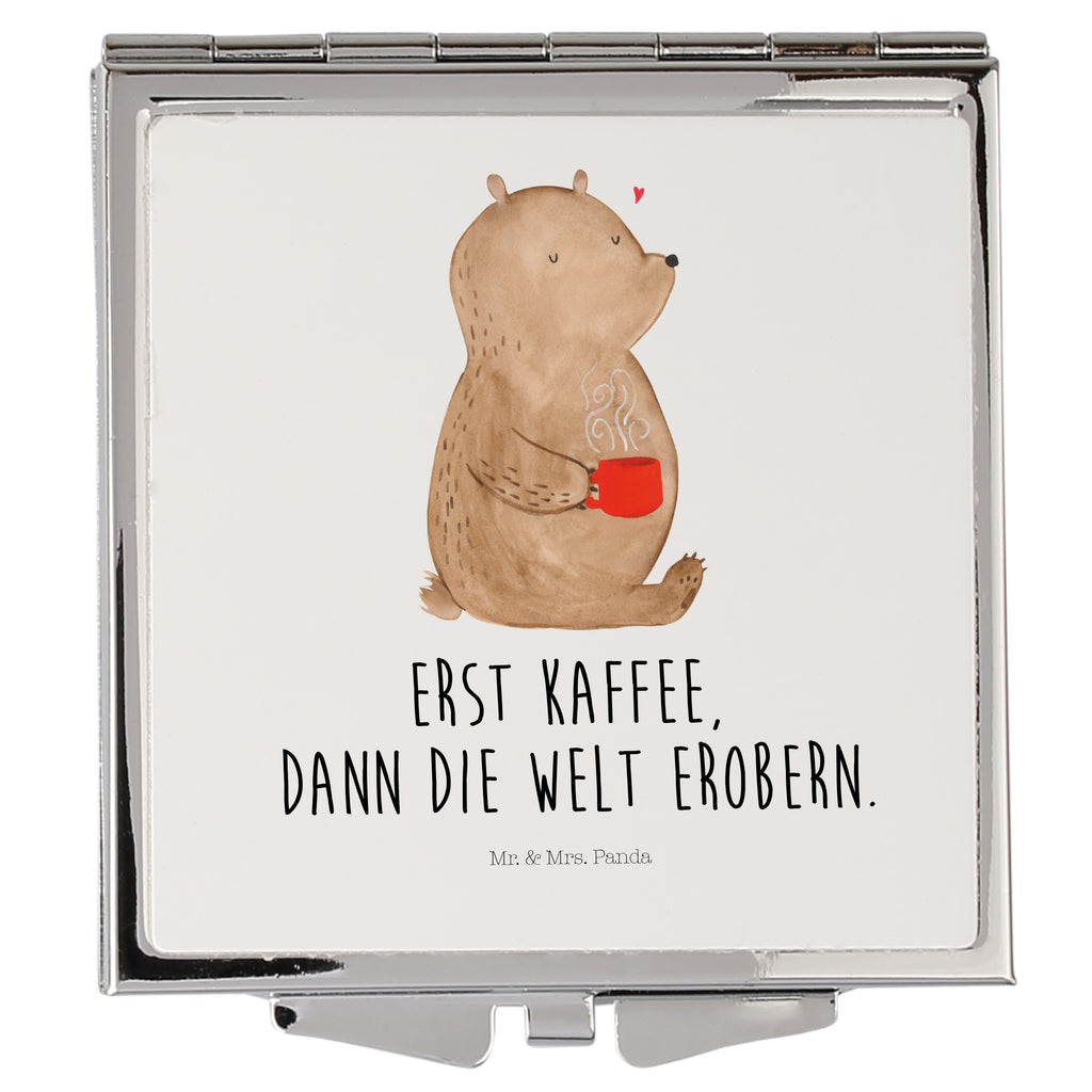 Handtaschenspiegel quadratisch Bär Kaffee Spiegel, Handtasche, Quadrat, silber, schminken, Schminkspiegel, Bär, Teddy, Teddybär, Kaffee, Coffee, Bären, guten Morgen, Morgenroutine, Welt erobern, Welt retten, Motivation