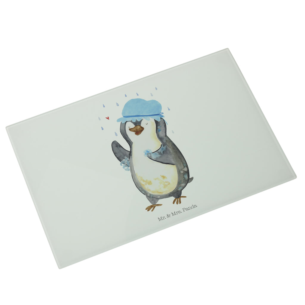 Glasschneidebrett Pinguin Duschen Glasschneidebrett, Schneidebrett, Pinguin, Pinguine, Dusche, duschen, Lebensmotto, Motivation, Neustart, Neuanfang, glücklich sein