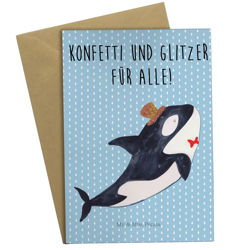 Grußkarte Orca Zylinder Grußkarte, Klappkarte, Einladungskarte, Glückwunschkarte, Hochzeitskarte, Geburtstagskarte, Karte, Ansichtskarten, Meerestiere, Meer, Urlaub, Narwal, Glitter, Konfetti, Glitzer, Geburtstag, Feier, Fete, Fest, Glückwunsch, Orca