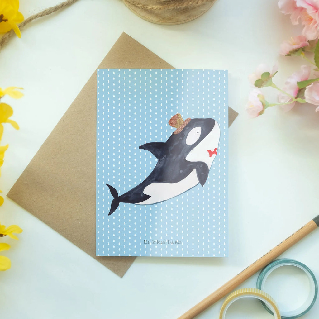 Grußkarte Orca Zylinder Grußkarte, Klappkarte, Einladungskarte, Glückwunschkarte, Hochzeitskarte, Geburtstagskarte, Karte, Ansichtskarten, Meerestiere, Meer, Urlaub, Narwal, Glitter, Konfetti, Glitzer, Geburtstag, Feier, Fete, Fest, Glückwunsch, Orca