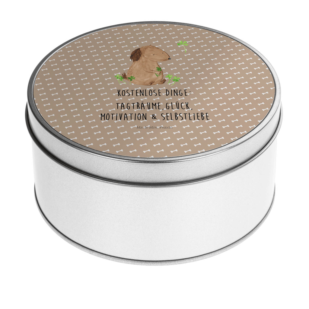 Blechdose rund Hund Kleeblatt Metalldose, Keksdose, Dose, Vorratsdose, Geschenkbox, Hund, Hundemotiv, Haustier, Hunderasse, Tierliebhaber, Hundebesitzer, Sprüche, Kleeblatt, Glück, Tagträume, Motivation, Neuanfang, Geschenk, Glücksbringer, Selbstliebe, Achtsamkeit