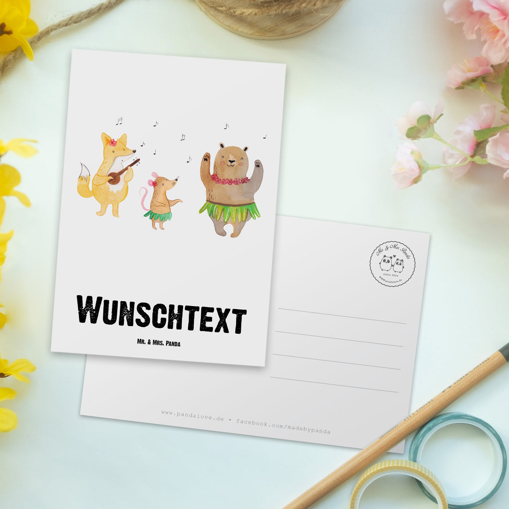 Personalisierte Postkarte Waldtiere Aloha Postkarte mit Namen, Postkarte bedrucken, Postkarte mit Wunschtext, Postkarte personalisierbar, Geschenkkarte mit Namen, Grußkarte mit Namen, Karte mit Namen, Einladung mit Namen, Ansichtskarte mit Namen, Geschenkkarte mit Wunschtext, Grußkarte mit Wunschtext, Karte mit Wunschtext, Einladung mit Wunschtext, Ansichtskarte mit Wunschtext, Tiermotive, Gute Laune, lustige Sprüche, Tiere, Wald, Waldtiere, Musik, Aloha, Bär, Hase, Igel, Tanzen, Leben, Lachen