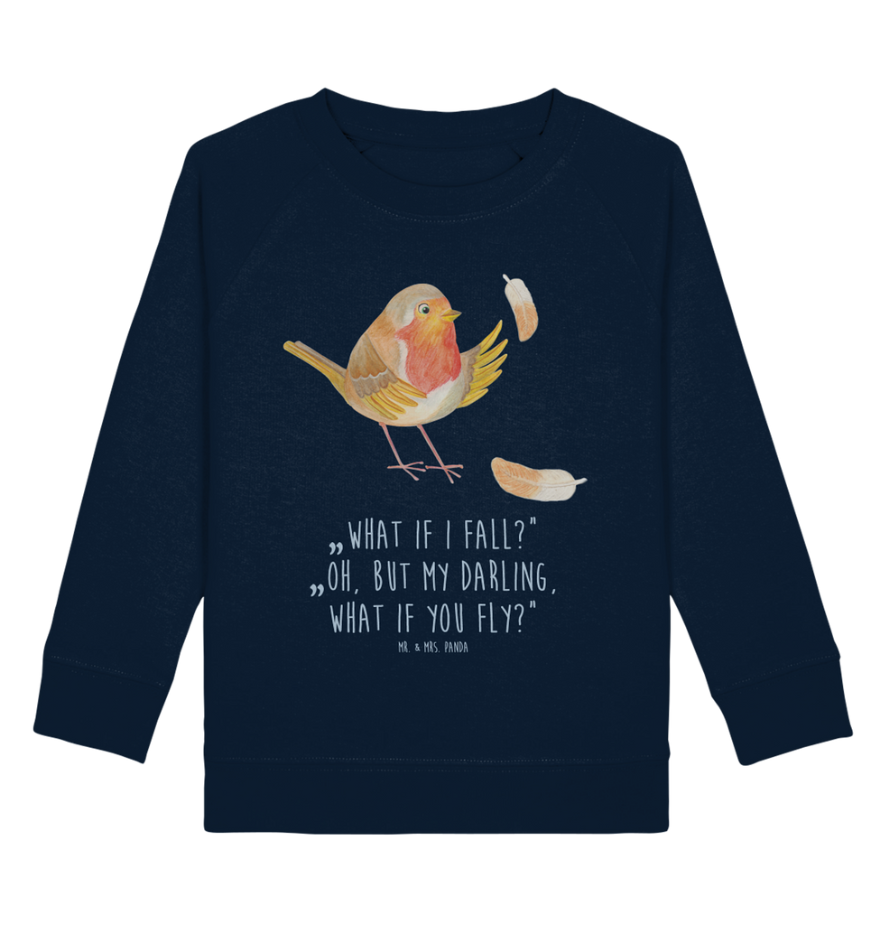 Organic Kinder Pullover Rotkehlchen mit Federn Kinder Pullover, Kinder Sweatshirt, Jungen, Mädchen, Tiermotive, Gute Laune, lustige Sprüche, Tiere, What if i fall, Rotkehlchen, Spruch Motivation, Spruch Mut, Vogel, Motivation Sprüche, Motivationsbilder, fliegen