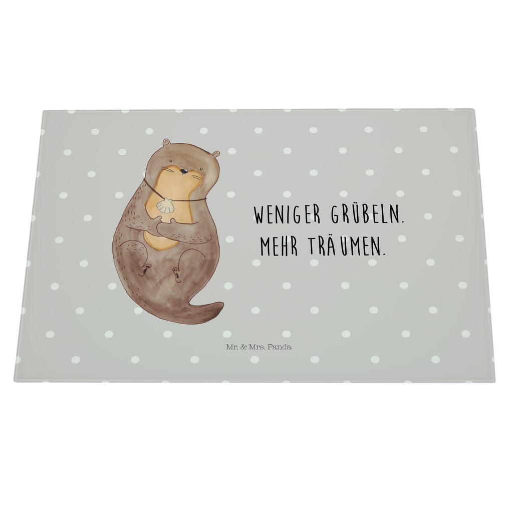 Glasschneidebrett Otter mit Muschelmedaillon Glasschneidebrett, Schneidebrett, Otter, Fischotter, Seeotter, Otterliebe, grübeln, träumen, Motivation, Tagträumen, Büro