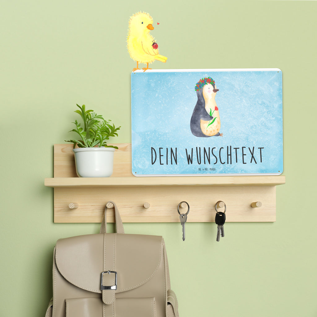 Personalisiertes Blechschild Pinguin Blumenkranz Blechschild, Metallschild, Geschenk Schild, Schild, Magnet-Metall-Schild, Deko Schild, Wandschild, Wand-Dekoration, Türschild, Pinguin, Pinguine, Blumenkranz, Universum, Leben, Wünsche, Ziele, Lebensziele, Motivation, Lebenslust, Liebeskummer, Geschenkidee