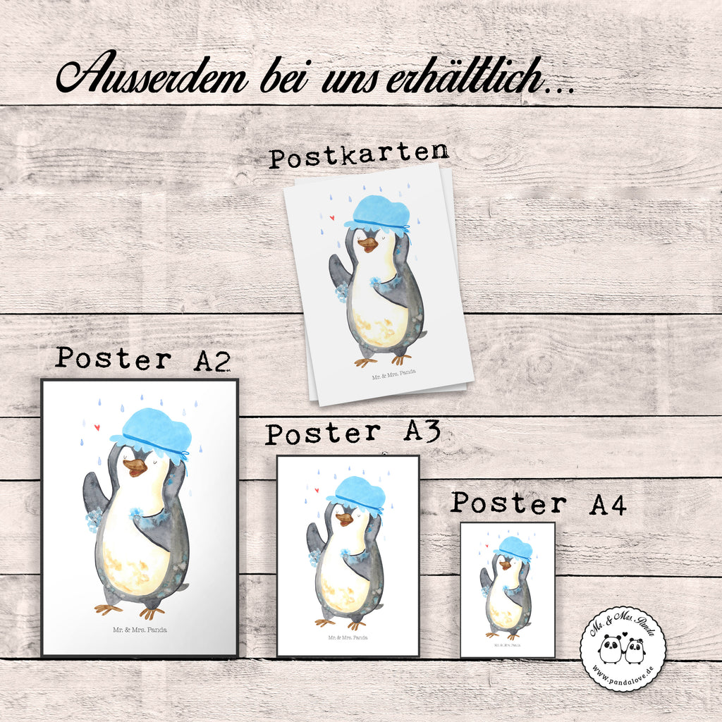 Poster Pinguin Duschen Poster, Wandposter, Bild, Wanddeko, Küchenposter, Kinderposter, Wanddeko Bild, Raumdekoration, Wanddekoration, Handgemaltes Poster, Mr. & Mrs. Panda Poster, Designposter, Kunstdruck, Posterdruck, Pinguin, Pinguine, Dusche, duschen, Lebensmotto, Motivation, Neustart, Neuanfang, glücklich sein