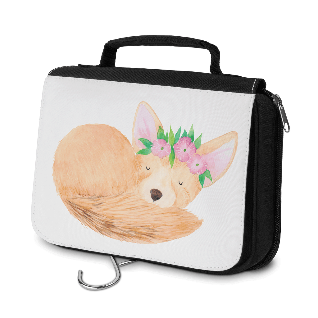 Kulturbeutel Wüstenfuchs Blumen Kulturbeutel, Zum Aufhängen, Waschtasche, Kosmetiktasche, Damen, Herren, Aufbewahrungstasche, Schminktasche, Kosmetikbeutel, Organizer, Kulturtasche, Schminkutensil, Afrika, Wildtiere, Wüste, Wüstenfuchs, Blumen, Blumenkranz, Glücklich