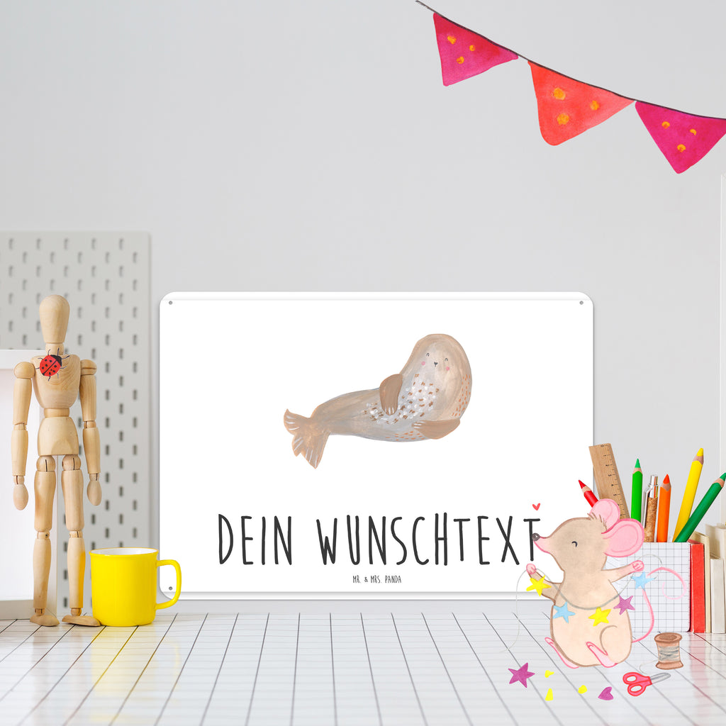 Personalisiertes Blechschild Robbe Lachen Blechschild, Metallschild, Geschenk Schild, Schild, Magnet-Metall-Schild, Deko Schild, Wandschild, Wand-Dekoration, Türschild, Tiermotive, Gute Laune, lustige Sprüche, Tiere, Robbe, Robben, Seehund, Strand, Meerestier, Ostsee, Nordsee