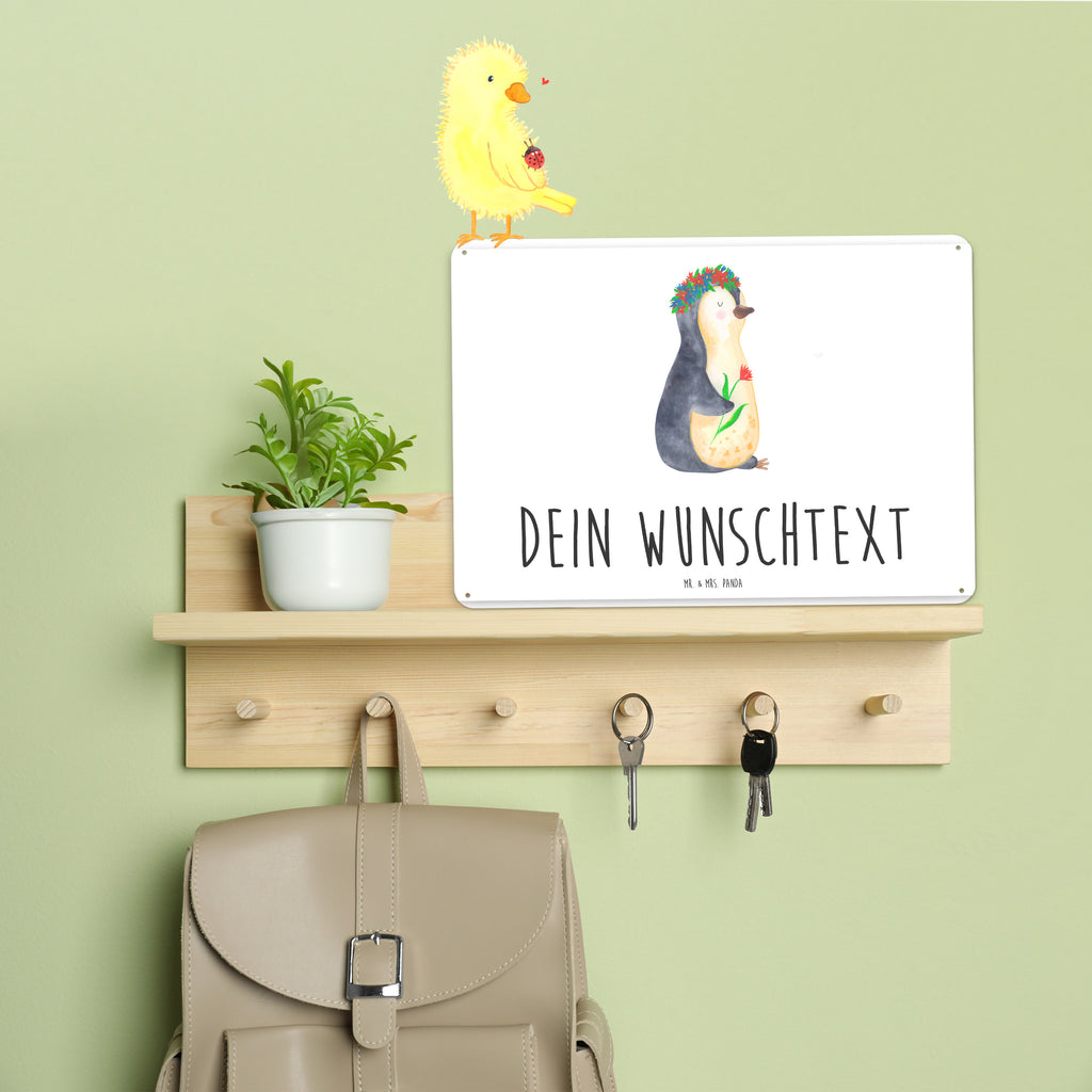 Personalisiertes Blechschild Pinguin Blumenkranz Blechschild, Metallschild, Geschenk Schild, Schild, Magnet-Metall-Schild, Deko Schild, Wandschild, Wand-Dekoration, Türschild, Pinguin, Pinguine, Blumenkranz, Universum, Leben, Wünsche, Ziele, Lebensziele, Motivation, Lebenslust, Liebeskummer, Geschenkidee