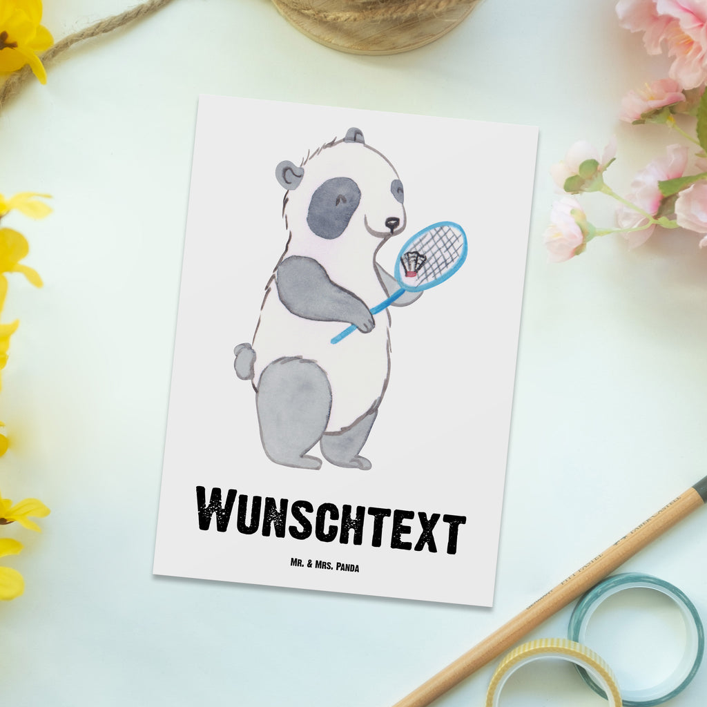 Personalisierte Postkarte Panda Badminton Postkarte mit Namen, Postkarte bedrucken, Postkarte mit Wunschtext, Postkarte personalisierbar, Geschenkkarte mit Namen, Grußkarte mit Namen, Karte mit Namen, Einladung mit Namen, Ansichtskarte mit Namen, Geschenkkarte mit Wunschtext, Grußkarte mit Wunschtext, Karte mit Wunschtext, Einladung mit Wunschtext, Ansichtskarte mit Wunschtext, Geschenk, Sport, Sportart, Hobby, Schenken, Danke, Dankeschön, Auszeichnung, Gewinn, Sportler, Badminton, Badminton spielen