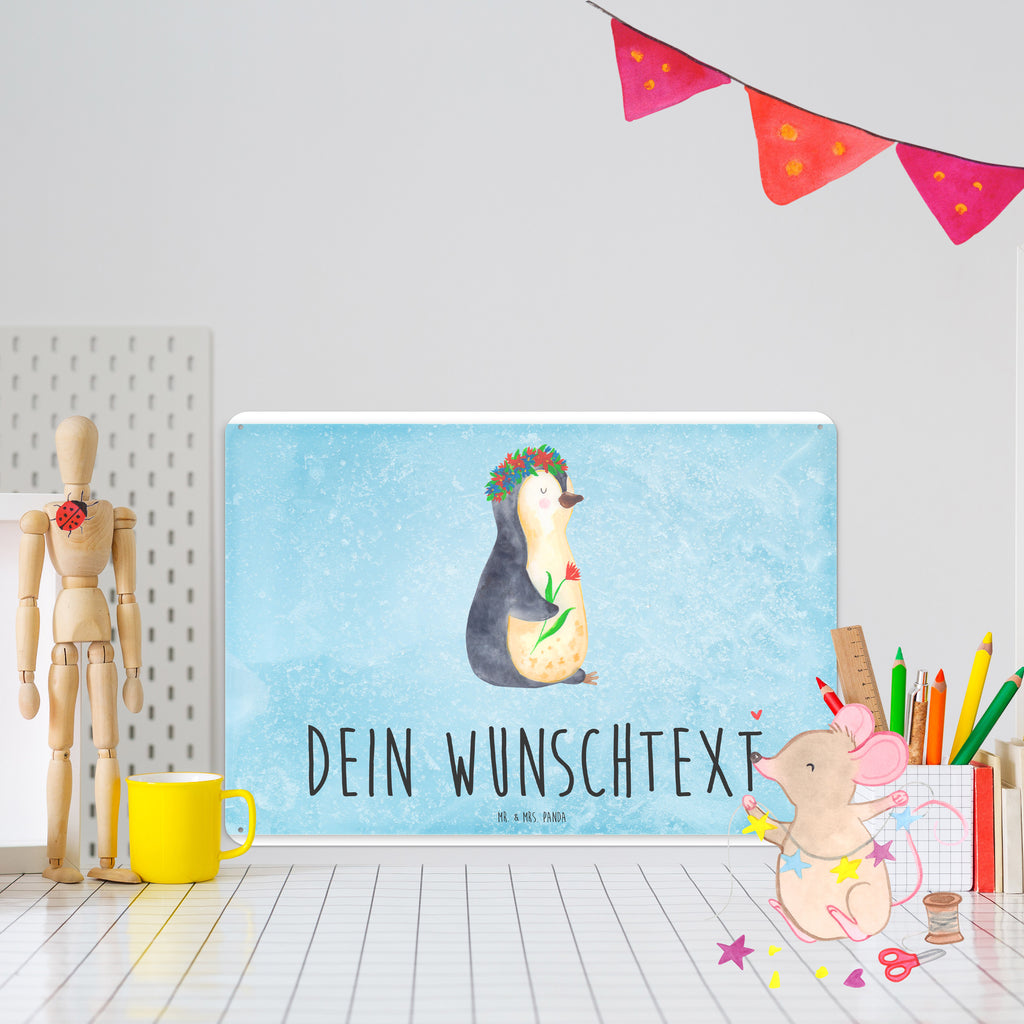 Personalisiertes Blechschild Pinguin Blumenkranz Blechschild, Metallschild, Geschenk Schild, Schild, Magnet-Metall-Schild, Deko Schild, Wandschild, Wand-Dekoration, Türschild, Pinguin, Pinguine, Blumenkranz, Universum, Leben, Wünsche, Ziele, Lebensziele, Motivation, Lebenslust, Liebeskummer, Geschenkidee