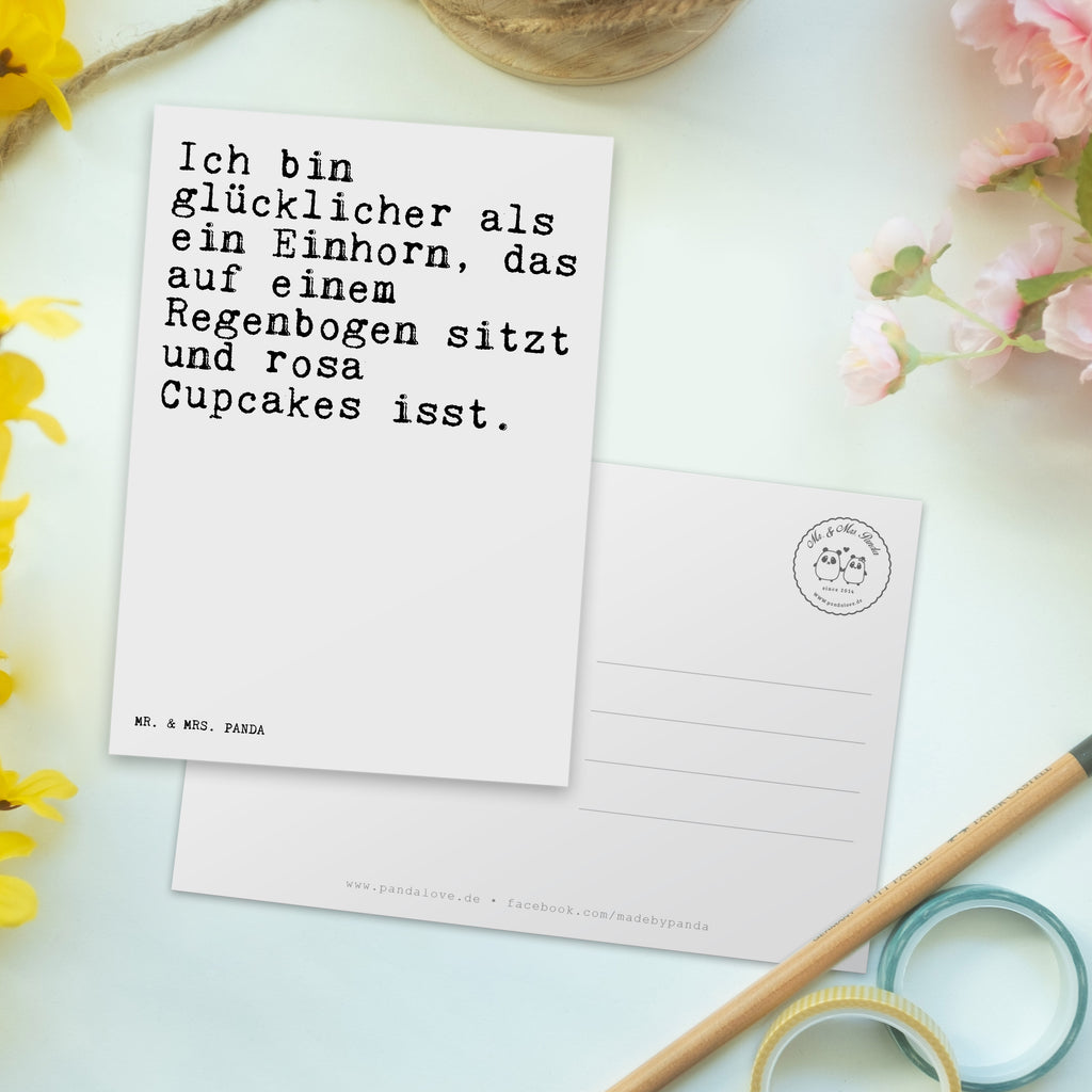 Postkarte Sprüche und Zitate Ich bin glücklicher als ein Einhorn, das auf einem Regenbogen sitzt und rosa Cupcakes isst. Postkarte, Karte, Geschenkkarte, Grußkarte, Einladung, Ansichtskarte, Geburtstagskarte, Einladungskarte, Dankeskarte, Ansichtskarten, Einladung Geburtstag, Einladungskarten Geburtstag, Spruch, Sprüche, lustige Sprüche, Weisheiten, Zitate, Spruch Geschenke, Spruch Sprüche Weisheiten Zitate Lustig Weisheit Worte