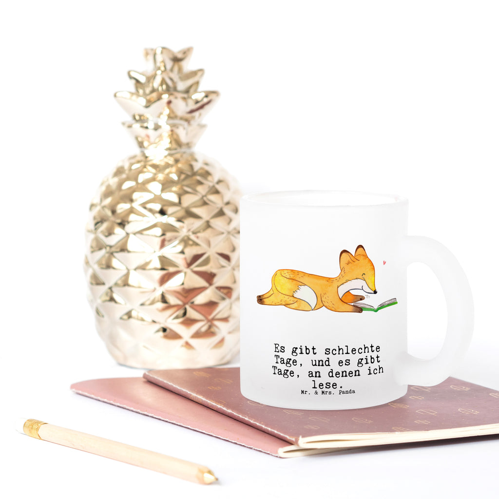 Teetasse Fuchs Lesen Tage Teetasse, Teeglas, Teebecher, Tasse mit Henkel, Tasse, Glas Teetasse, Teetasse aus Glas, Geschenk, Sport, Sportart, Hobby, Schenken, Danke, Dankeschön, Auszeichnung, Gewinn, Sportler, lesen, Bücher lesen, Bücherwurm