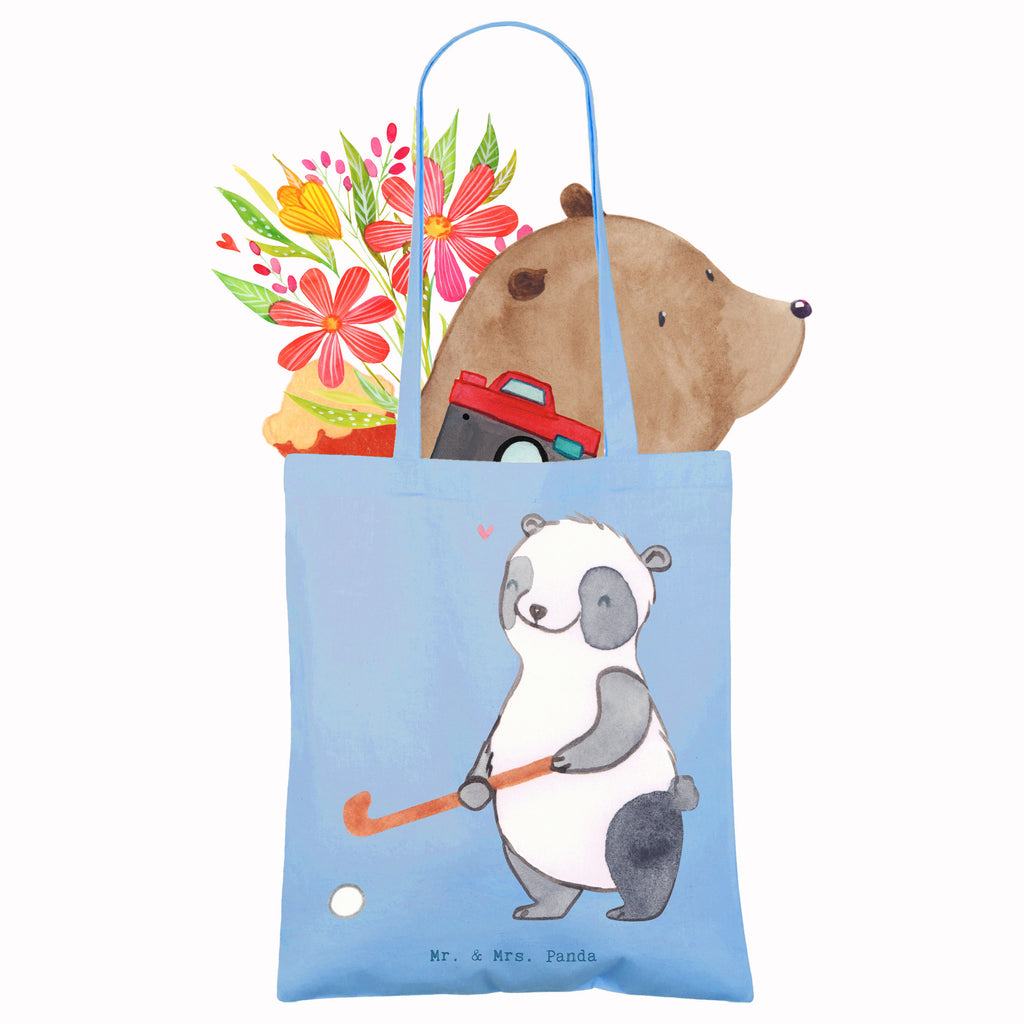 Tragetasche Panda Hockey spielen Tage Beuteltasche, Beutel, Einkaufstasche, Jutebeutel, Stoffbeutel, Tasche, Shopper, Umhängetasche, Strandtasche, Schultertasche, Stofftasche, Tragetasche, Badetasche, Jutetasche, Einkaufstüte, Laptoptasche, Geschenk, Sport, Sportart, Hobby, Schenken, Danke, Dankeschön, Auszeichnung, Gewinn, Sportler, Hockey spielen, Feldhockey, Hockeyschläger, Hockey Verein