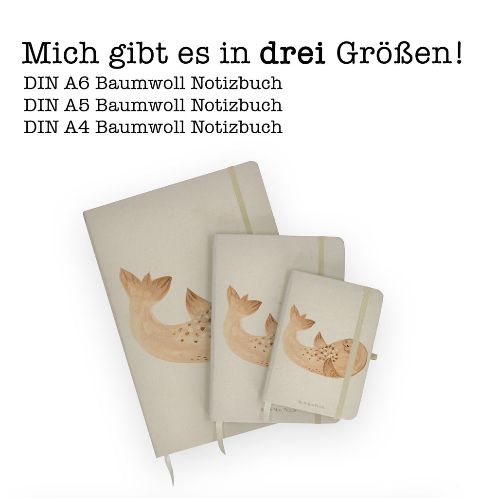 Baumwoll Notizbuch Robbe liegend Notizen, Eintragebuch, Tagebuch, Notizblock, Adressbuch, Journal, Kladde, Skizzenbuch, Notizheft, Schreibbuch, Schreibheft, Tiermotive, Gute Laune, lustige Sprüche, Tiere, Robbe, Robben, Seehund, Strand, Meerestier, Ostsee, Nordsee, Lachen, Freude