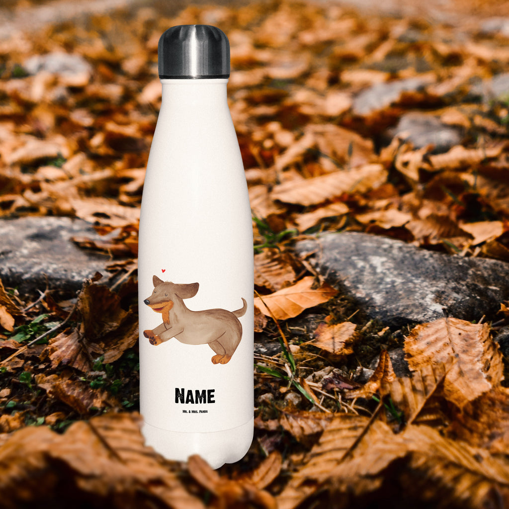 Personalisierte Thermosflasche Hund Dackel fröhlich Personalisierte Isolierflasche, Personalisierte Thermoflasche, Personalisierte Trinkflasche, Trinkflasche Mit Namen, Wunschname, Bedrucken, Namensflasche, Hund, Hundemotiv, Haustier, Hunderasse, Tierliebhaber, Hundebesitzer, Sprüche, Hunde, Dackel, Dachshund, happy dog