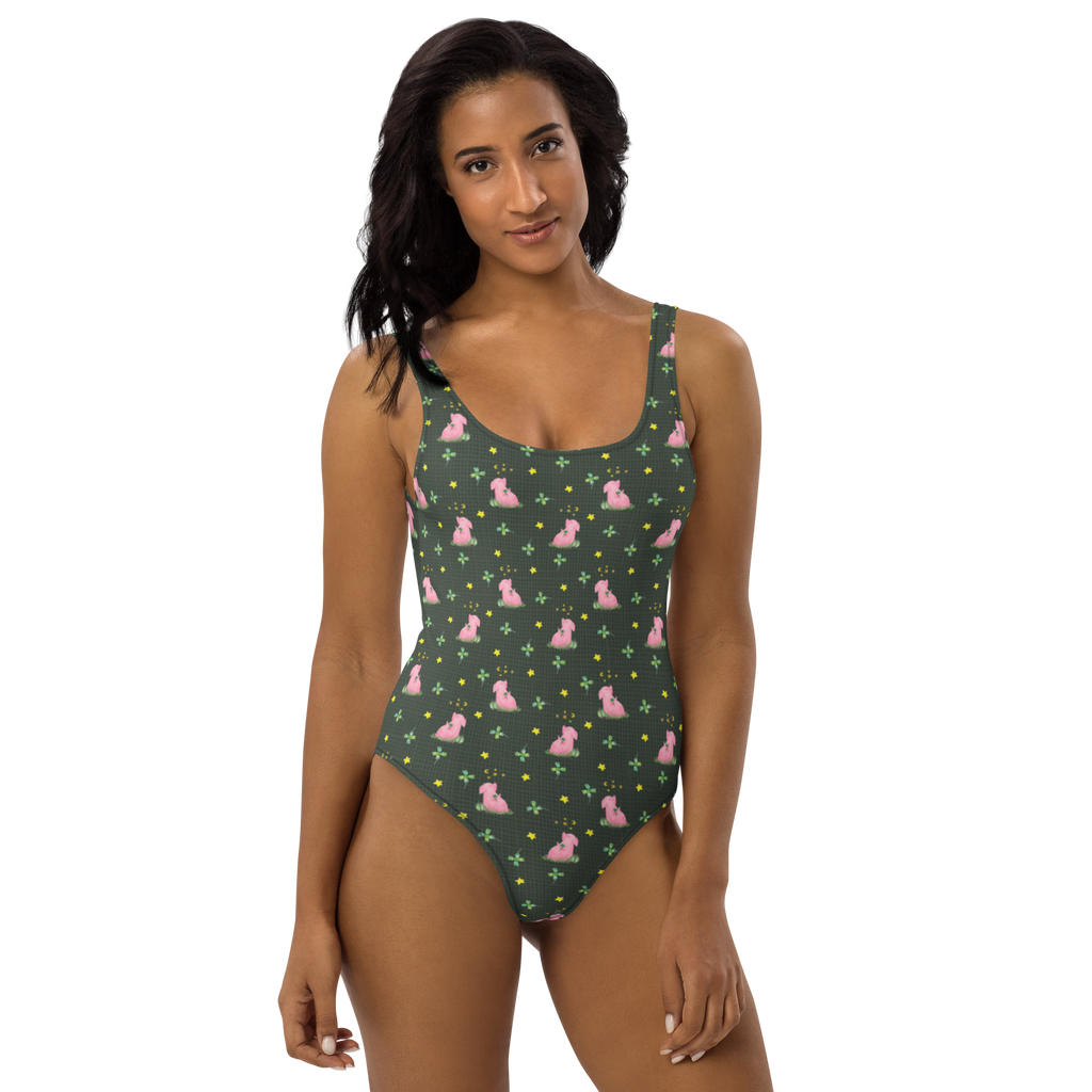 Badeanzug Schwein Glück Muster Badebekleidung, Bademode, Badeanzug, Swimsuit, Rückenfreier Badeanzug, Luxus-Bademode, Tiermotive, Gute Laune, lustige Sprüche, Tiere, Glücksschwein. Glück, Schwein, Schweinchen, Sterne, Sernchen, Ziele, Träume, Motivation, Glücksbringer