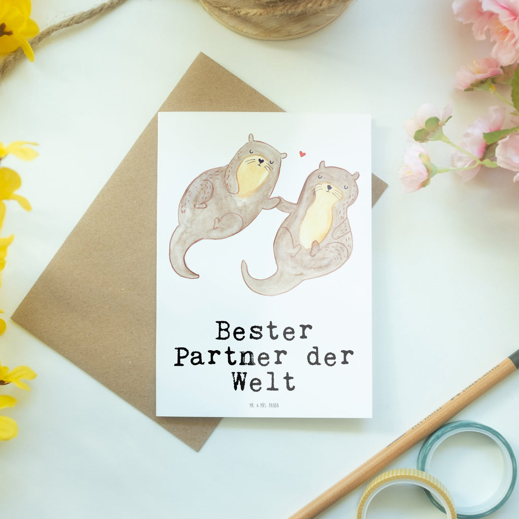 Grußkarte Otter Bester Partner der Welt Grußkarte, Klappkarte, Einladungskarte, Glückwunschkarte, Hochzeitskarte, Geburtstagskarte, Karte, Ansichtskarten, für, Dankeschön, Geschenk, Schenken, Geburtstag, Geburtstagsgeschenk, Geschenkidee, Danke, Bedanken, Mitbringsel, Freude machen, Geschenktipp, Partner, Ehepartner, Mann, Frau, Ehefrau, Ehemann. Freundin, Freund, Lebensgefährte, Paar, Liebe