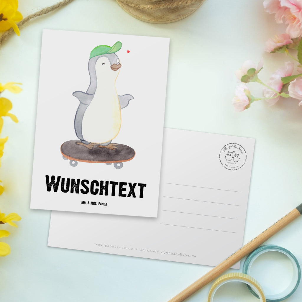 Personalisierte Postkarte Pinguin Skateboarden Postkarte mit Namen, Postkarte bedrucken, Postkarte mit Wunschtext, Postkarte personalisierbar, Geschenkkarte mit Namen, Grußkarte mit Namen, Karte mit Namen, Einladung mit Namen, Ansichtskarte mit Namen, Geschenkkarte mit Wunschtext, Grußkarte mit Wunschtext, Karte mit Wunschtext, Einladung mit Wunschtext, Ansichtskarte mit Wunschtext, Geschenk, Sport, Sportart, Hobby, Schenken, Danke, Dankeschön, Auszeichnung, Gewinn, Sportler, Skateboarden, Skateboard fahren, Skaten, Skateboard, Skateplatz