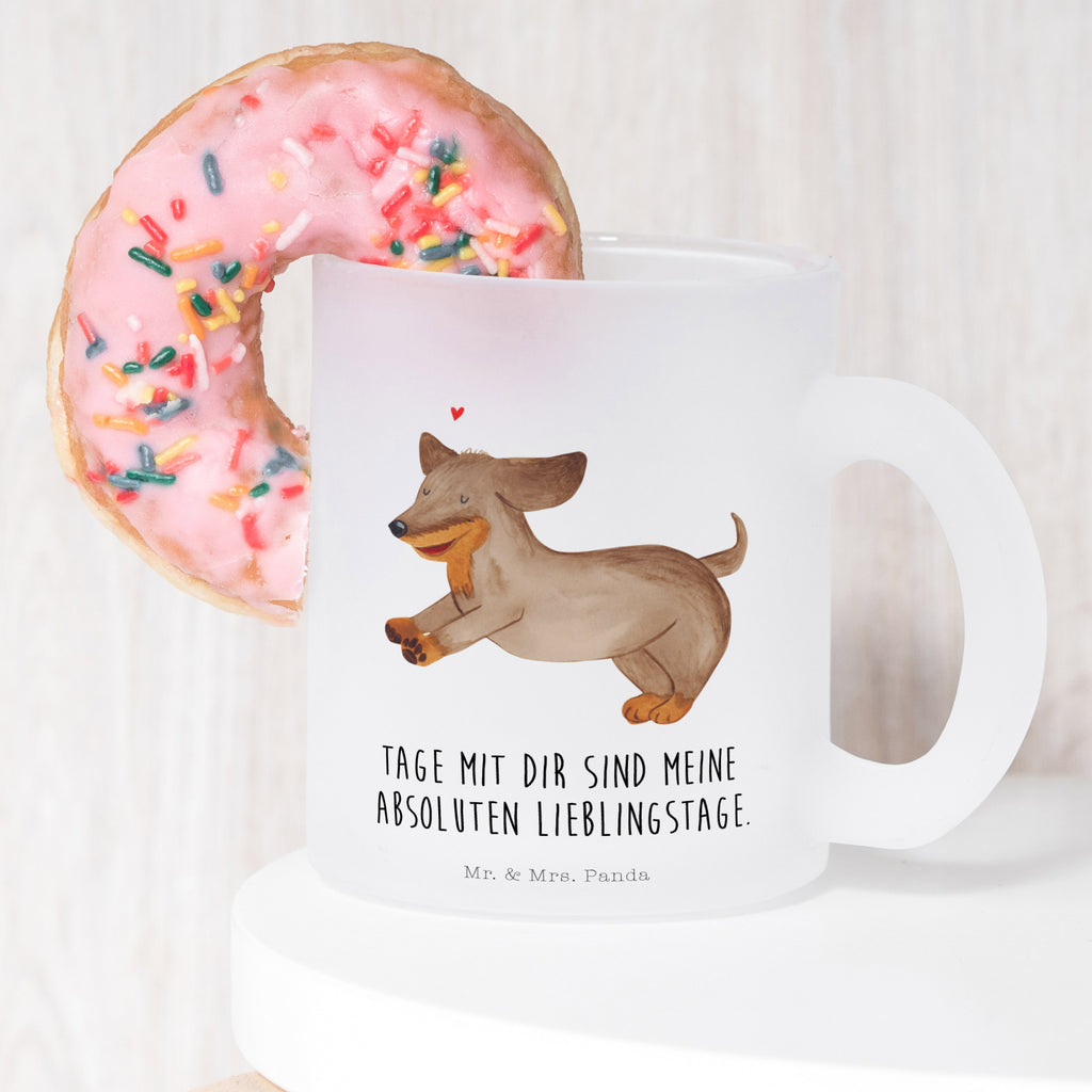 Teetasse Hund Dackel fröhlich Teetasse, Teeglas, Teebecher, Tasse mit Henkel, Tasse, Glas Teetasse, Teetasse aus Glas, Hund, Hundemotiv, Haustier, Hunderasse, Tierliebhaber, Hundebesitzer, Sprüche, Hunde, Dackel, Dachshund, happy dog