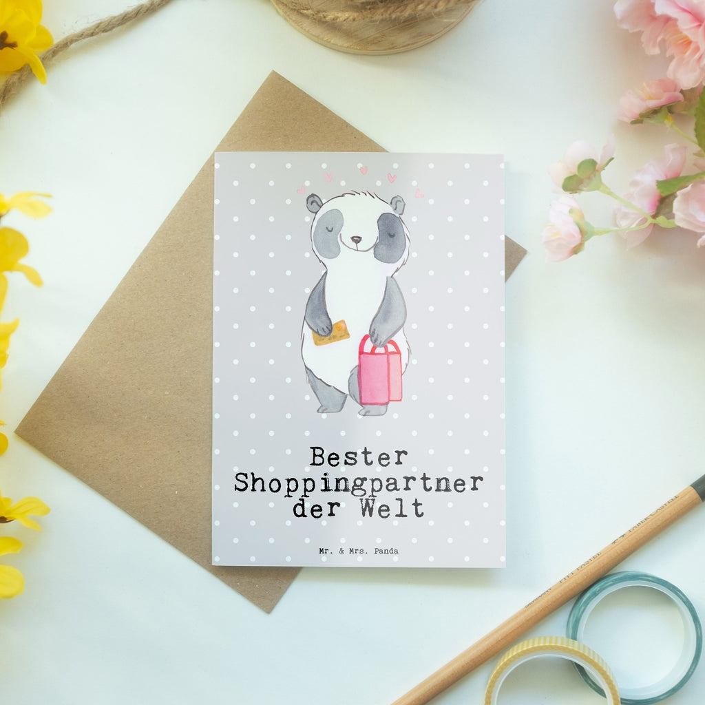 Grußkarte Panda Bester Shoppingpartner der Welt Grußkarte, Klappkarte, Einladungskarte, Glückwunschkarte, Hochzeitskarte, Geburtstagskarte, Karte, Ansichtskarten, für, Dankeschön, Geschenk, Schenken, Geburtstag, Geburtstagsgeschenk, Geschenkidee, Danke, Bedanken, Mitbringsel, Freude machen, Geschenktipp, Shoppingpartner, Shoppen, Begleitung, Partner, Freundin, Freund, bff, Shopping, Einkaufen, Shopping-Queen, Queen, Bester