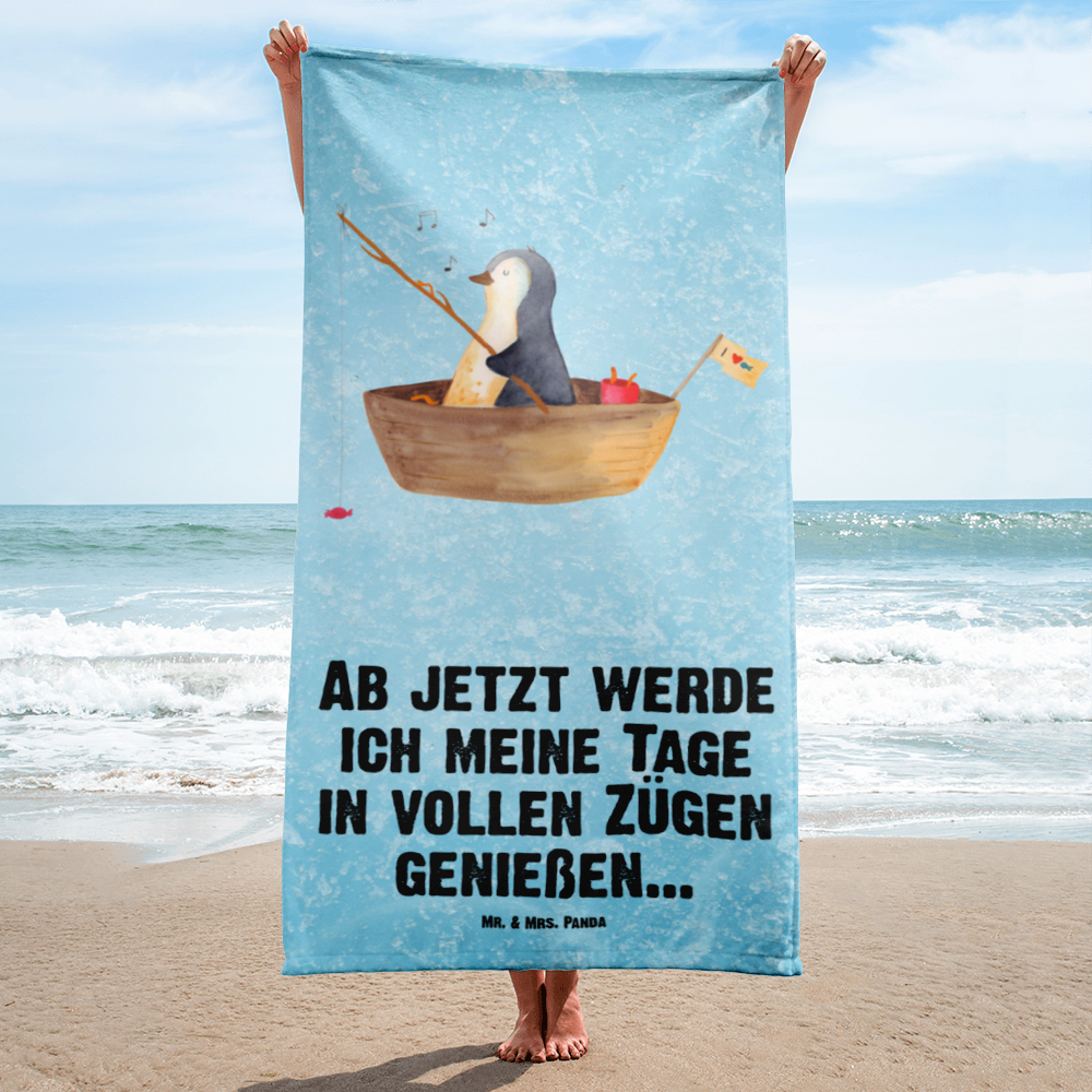 XL Badehandtuch Pinguin Angelboot Handtuch, Badetuch, Duschtuch, Strandtuch, Saunatuch, Pinguin, Pinguine, Angeln, Boot, Angelboot, Lebenslust, Leben, genießen, Motivation, Neustart, Neuanfang, Trennung, Scheidung, Geschenkidee Liebeskummer