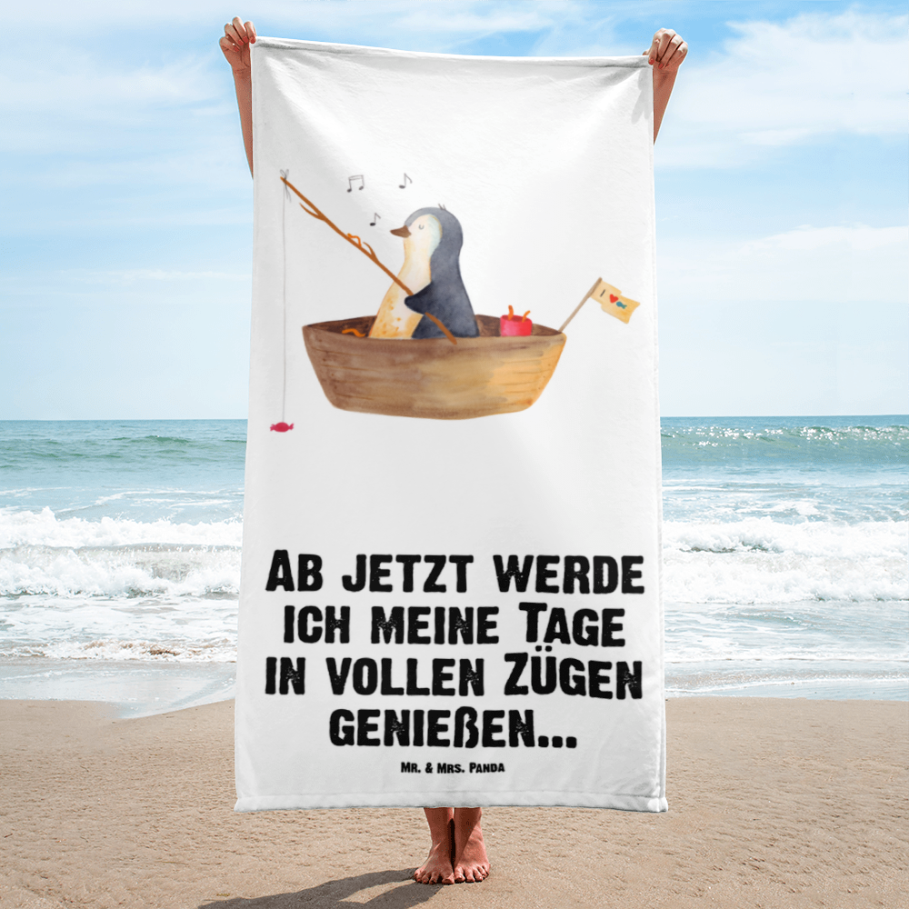 XL Badehandtuch Pinguin Angelboot Handtuch, Badetuch, Duschtuch, Strandtuch, Saunatuch, Pinguin, Pinguine, Angeln, Boot, Angelboot, Lebenslust, Leben, genießen, Motivation, Neustart, Neuanfang, Trennung, Scheidung, Geschenkidee Liebeskummer