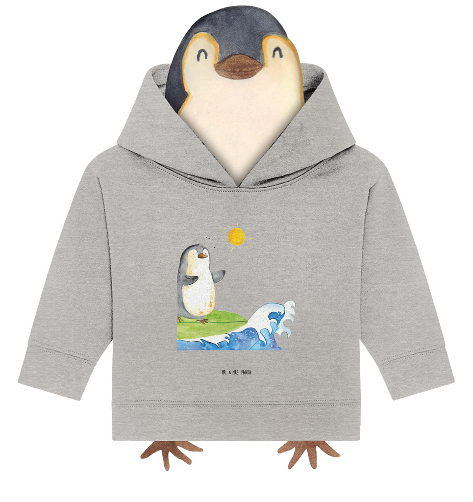 Organic Baby Hoodie Pinguin Surfer Baby Kapuzenshirt, Baby Kapuzensweatshirt, Baby Hoodie, Baby Pullover, Pinguin, Pinguine, surfen, Surfer, Hawaii, Urlaub, Wellen, Wellen reiten, Portugal