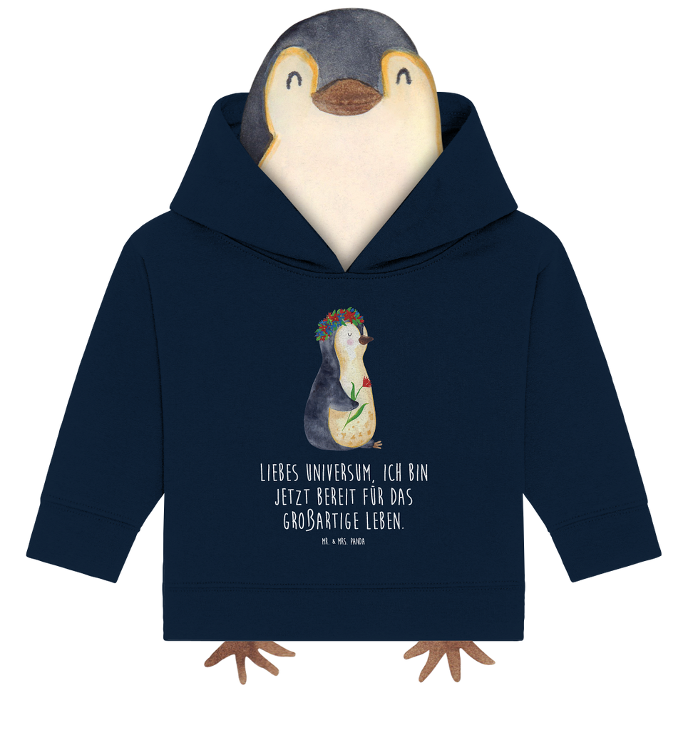 Organic Baby Hoodie Pinguin Blumen Baby Kapuzenshirt, Baby Kapuzensweatshirt, Baby Hoodie, Baby Pullover, Pinguin, Pinguine, Blumenkranz, Universum, Leben, Wünsche, Ziele, Lebensziele, Motivation, Lebenslust, Liebeskummer, Geschenkidee