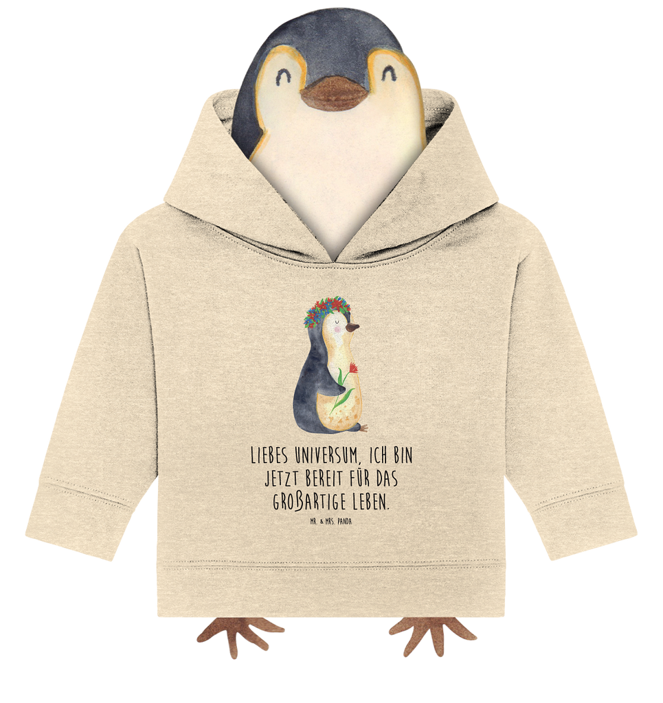 Organic Baby Hoodie Pinguin Blumen Baby Kapuzenshirt, Baby Kapuzensweatshirt, Baby Hoodie, Baby Pullover, Pinguin, Pinguine, Blumenkranz, Universum, Leben, Wünsche, Ziele, Lebensziele, Motivation, Lebenslust, Liebeskummer, Geschenkidee