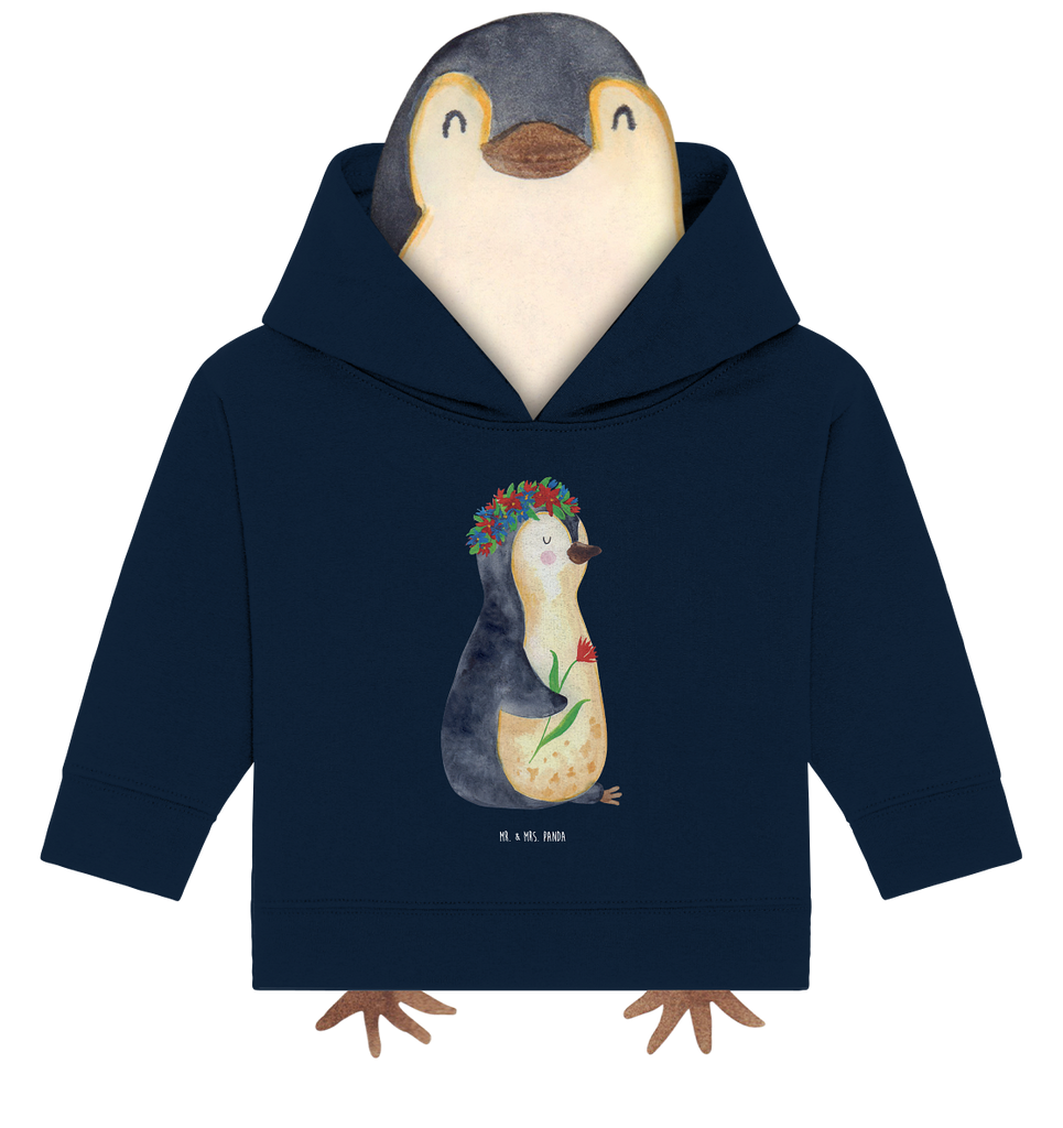 Organic Baby Hoodie Pinguin Blumen Baby Kapuzenshirt, Baby Kapuzensweatshirt, Baby Hoodie, Baby Pullover, Pinguin, Pinguine, Blumenkranz, Universum, Leben, Wünsche, Ziele, Lebensziele, Motivation, Lebenslust, Liebeskummer, Geschenkidee