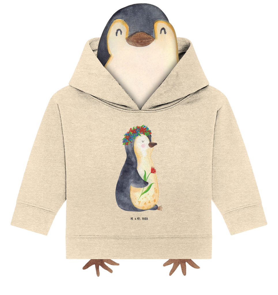 Organic Baby Hoodie Pinguin Blumen Baby Kapuzenshirt, Baby Kapuzensweatshirt, Baby Hoodie, Baby Pullover, Pinguin, Pinguine, Blumenkranz, Universum, Leben, Wünsche, Ziele, Lebensziele, Motivation, Lebenslust, Liebeskummer, Geschenkidee