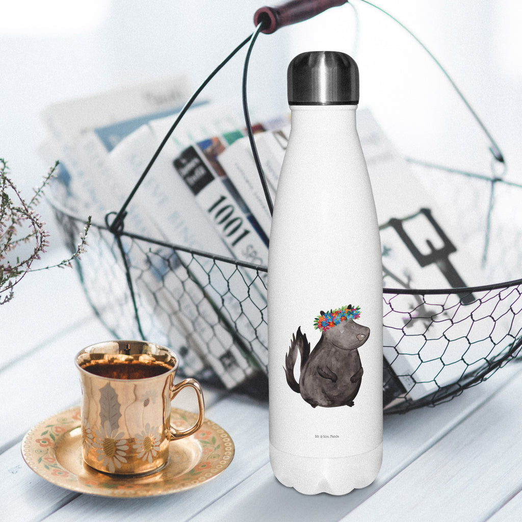 Thermosflasche Stinktier Blumenmaedchen Isolierflasche, Thermoflasche, Trinkflasche, Thermos, Edelstahl, Stinktier, Skunk, Wildtier, Raubtier, Stinker, Stinki, Yoga, Namaste, Lebe, Liebe, Lache