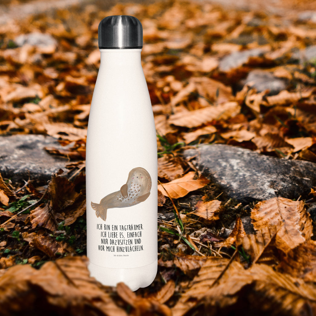 Thermosflasche Robbe lachend Isolierflasche, Thermoflasche, Trinkflasche, Thermos, Edelstahl, Tiermotive, Gute Laune, lustige Sprüche, Tiere, Robbe, Robben, Seehund, Strand, Meerestier, Ostsee, Nordsee