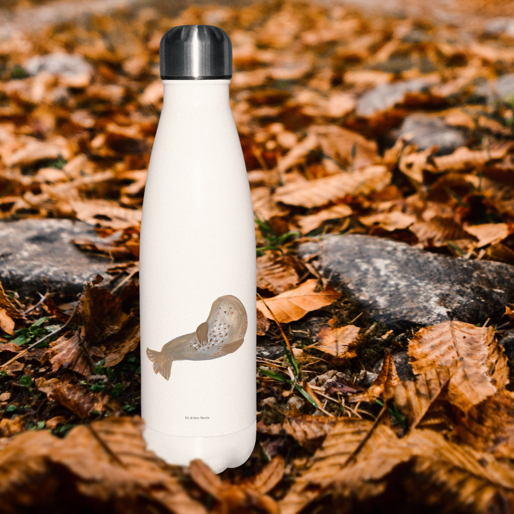 Thermosflasche Robbe lachend Isolierflasche, Thermoflasche, Trinkflasche, Thermos, Edelstahl, Tiermotive, Gute Laune, lustige Sprüche, Tiere, Robbe, Robben, Seehund, Strand, Meerestier, Ostsee, Nordsee