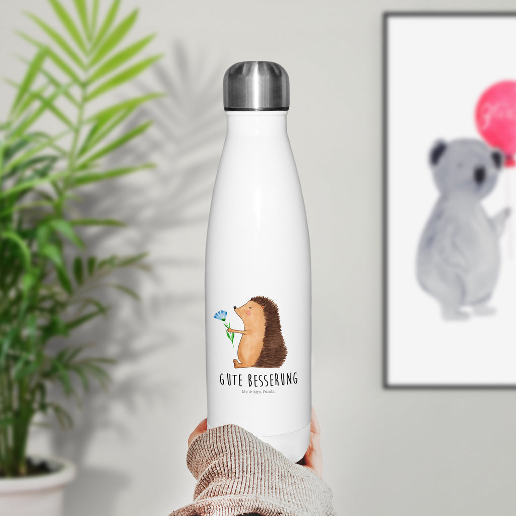 Thermosflasche Igel mit Blume Isolierflasche, Thermoflasche, Trinkflasche, Thermos, Edelstahl, Tiermotive, Gute Laune, lustige Sprüche, Tiere, Igel, Gute Besserung, Genesungswünsche, Krankheit, Krankenhaus, krank, Besuch