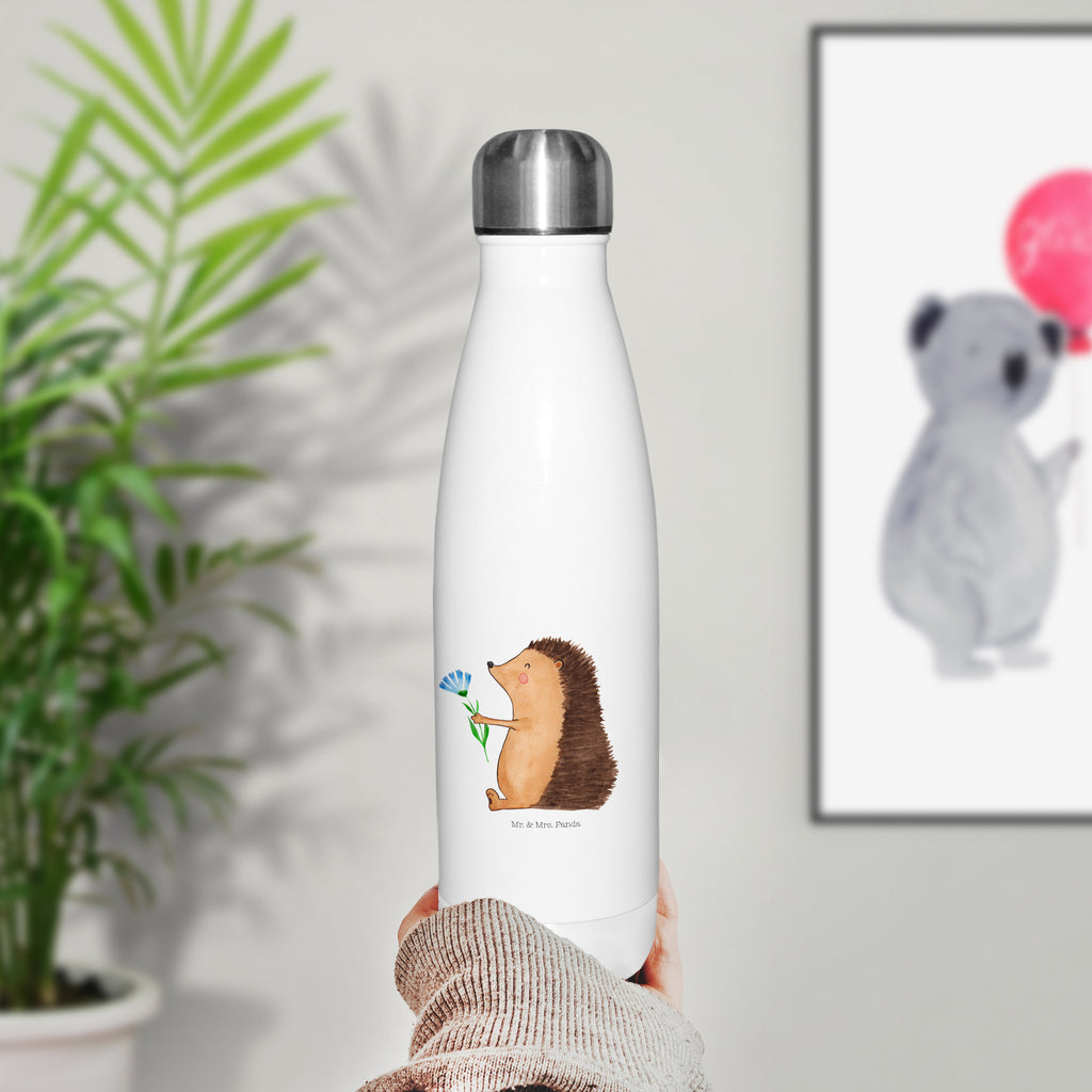 Thermosflasche Igel mit Blume Isolierflasche, Thermoflasche, Trinkflasche, Thermos, Edelstahl, Tiermotive, Gute Laune, lustige Sprüche, Tiere, Igel, Gute Besserung, Genesungswünsche, Krankheit, Krankenhaus, krank, Besuch