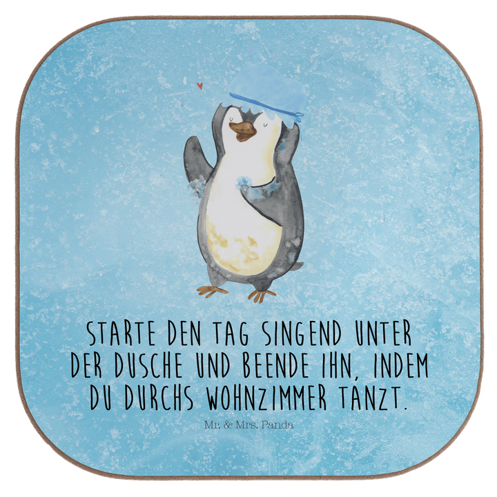 Quadratische Untersetzer Pinguin duscht – Mr. & Mrs. Panda