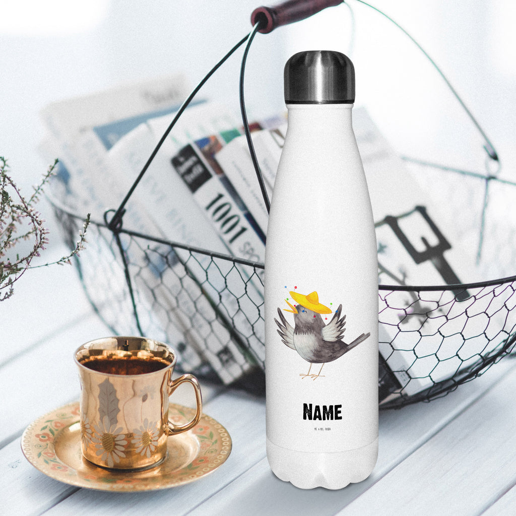 Personalisierte Thermosflasche Rabe mit Sombrero Personalisierte Isolierflasche, Personalisierte Thermoflasche, Personalisierte Trinkflasche, Trinkflasche Mit Namen, Wunschname, Bedrucken, Namensflasche, Tiermotive, Gute Laune, lustige Sprüche, Tiere, Rabe, Vogel, Vögel, Spruch positiv, fröhlich sein, glücklich sein, Glück Spruch, froh, Elster, Motivation